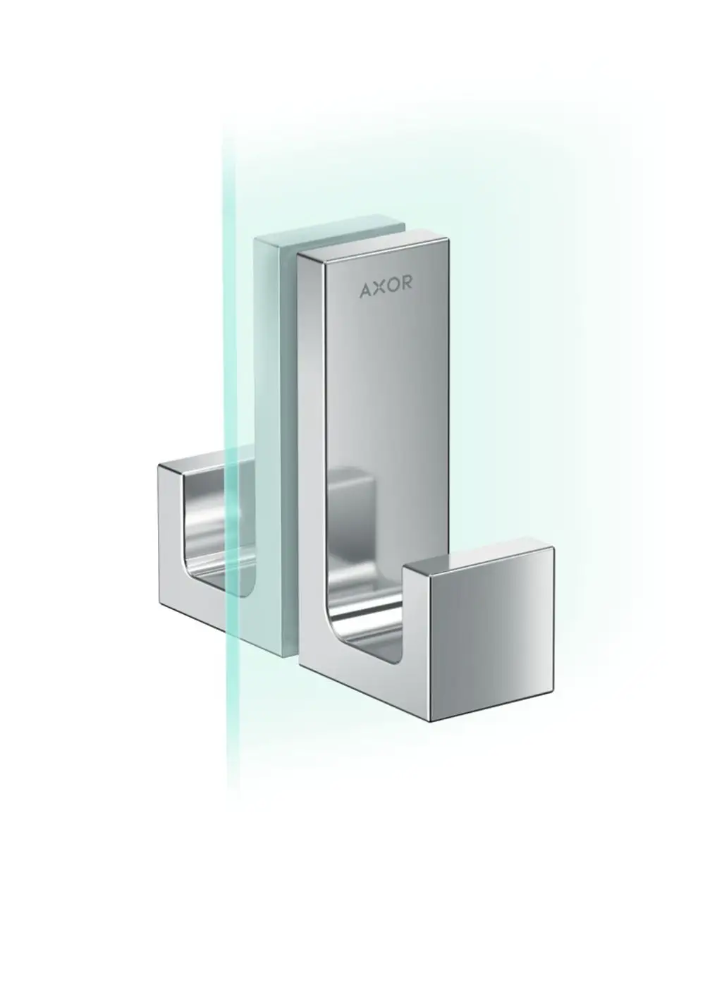 Chromfarbener Duschtürgriff von AXOR, rechteckige Form, montiert an Glas, mit klaren Linien und sauberem Design zur Verwendung in Duschbereichen.